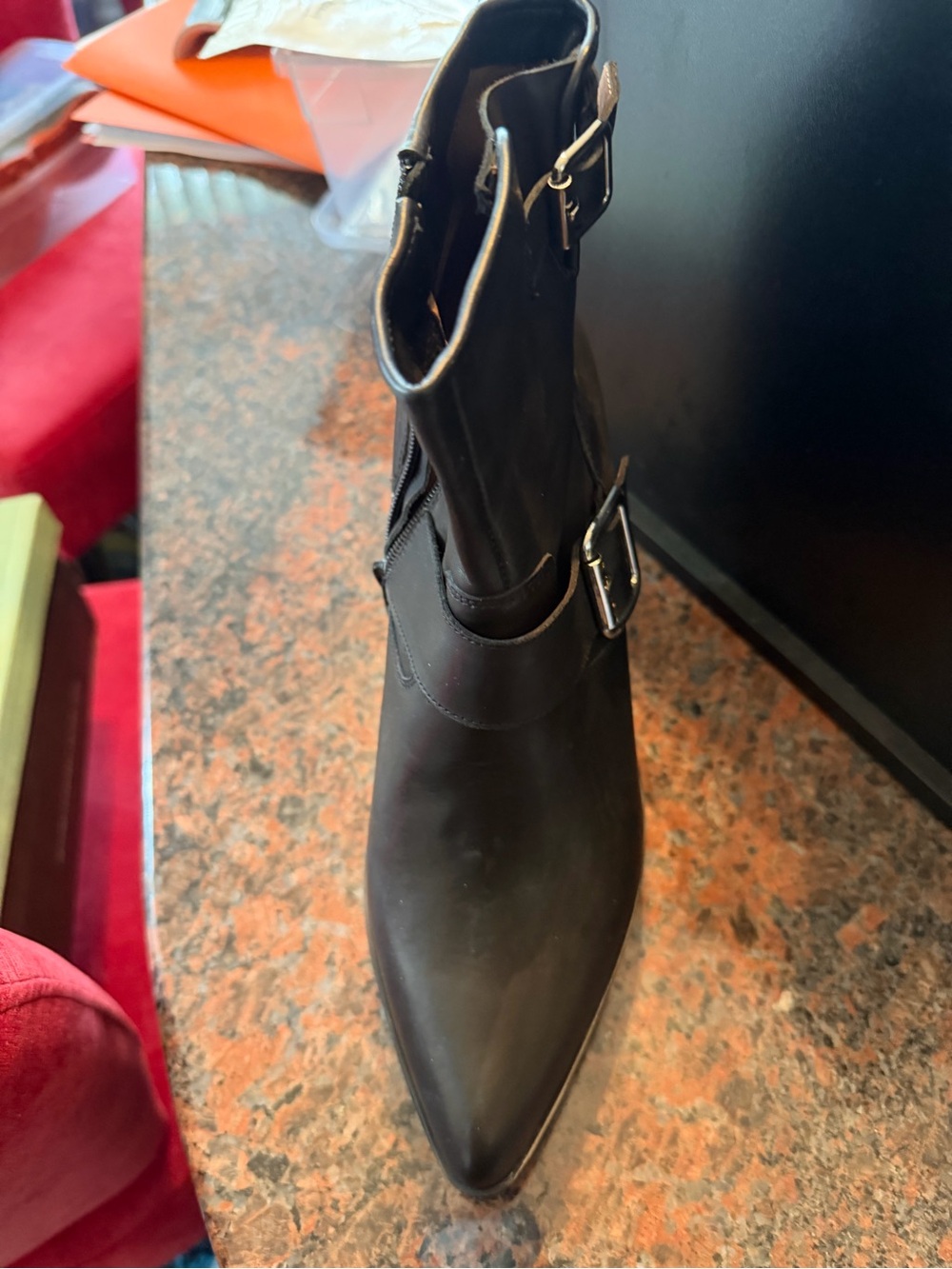 Black Pointed Toe Buckle Ankle Boot